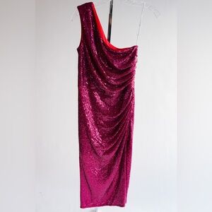 DRESS THE POPULATION Fuchsia Sequin One Shoulder Dress​